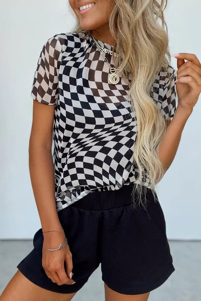 Black Checker Mesh Crew Neck T Shirt for Women Fashion - Love Salve